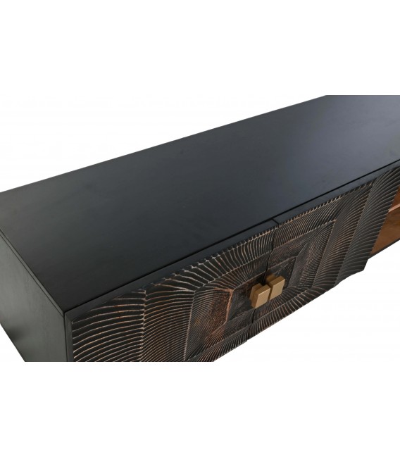 Mueble de TV en madera tallada negra y metal dorado, estilo art decó. 5