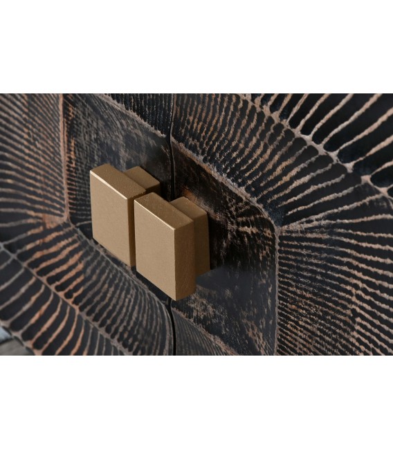 Mueble de TV en madera tallada negra y metal dorado, estilo art decó. 7