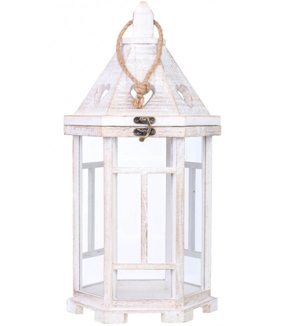 Farol clásico de madera blanca rozada, con cuerda y cristal.