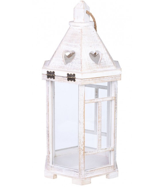 Farol clásico de madera blanca rozada, con cuerda y cristal. 1