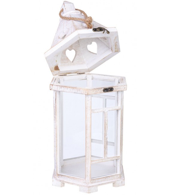 Farol clásico de madera blanca rozada, con cuerda y cristal. 2