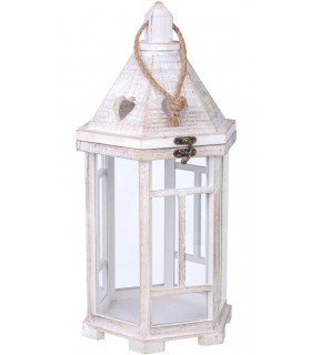 Farol clásico de madera blanca rozada, con cuerda y cristal. Mdmhogar