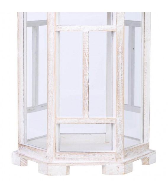 Farol clásico de madera blanca rozada, con cuerda y cristal. 4