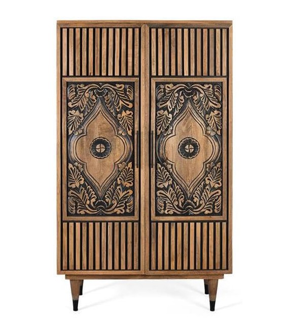 Armario alacena de mango tallado con acabado natural y negro.