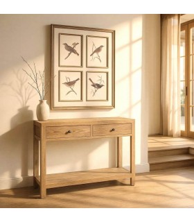 Consola boho de madera natural con 2 cajones y detalles en bronce. Mdmhogar