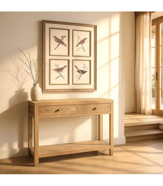 Consola boho de madera natural con 2 cajones y detalles en bronce. Mdmhogar