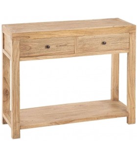 Consola boho de madera natural con 2 cajones y detalles en bronce.