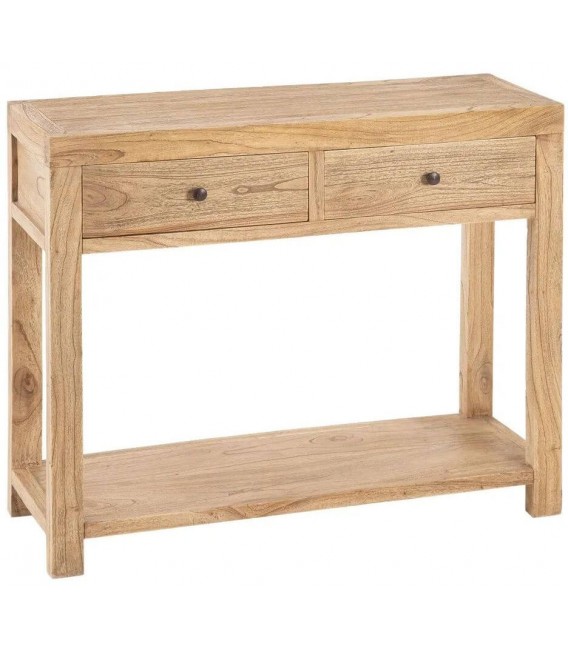 Consola boho de madera natural con 2 cajones y detalles en bronce.
