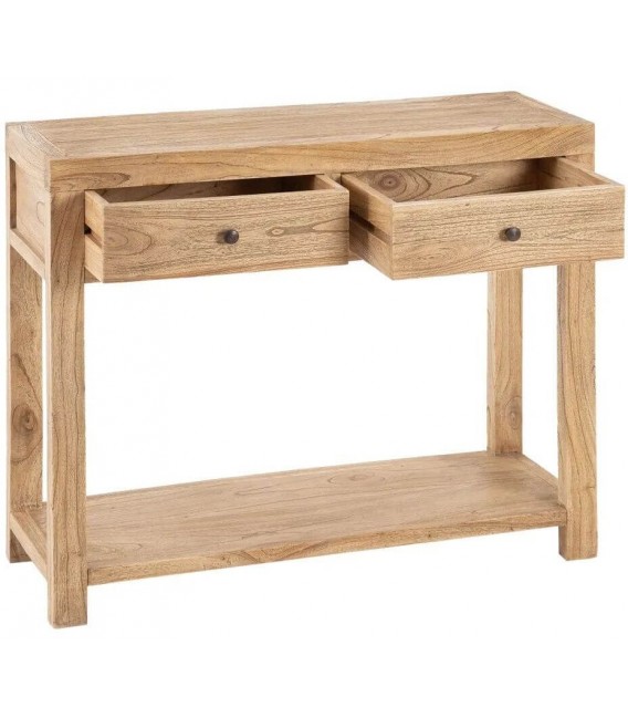Consola boho de madera natural con 2 cajones y detalles en bronce. 1