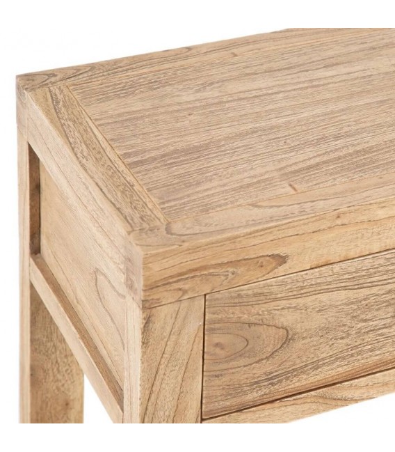 Consola boho de madera natural con 2 cajones y detalles en bronce. 2