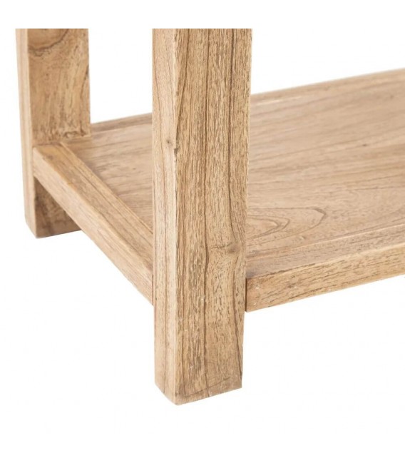 Consola boho de madera natural con 2 cajones y detalles en bronce. 4