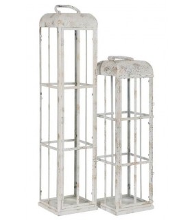 Farol clásico bajo en metal blanco rozado y cristal con efecto oro.