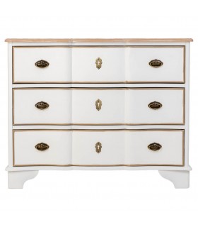 Cómoda clásica blanca y natural con tiradores metálicos en dorado.