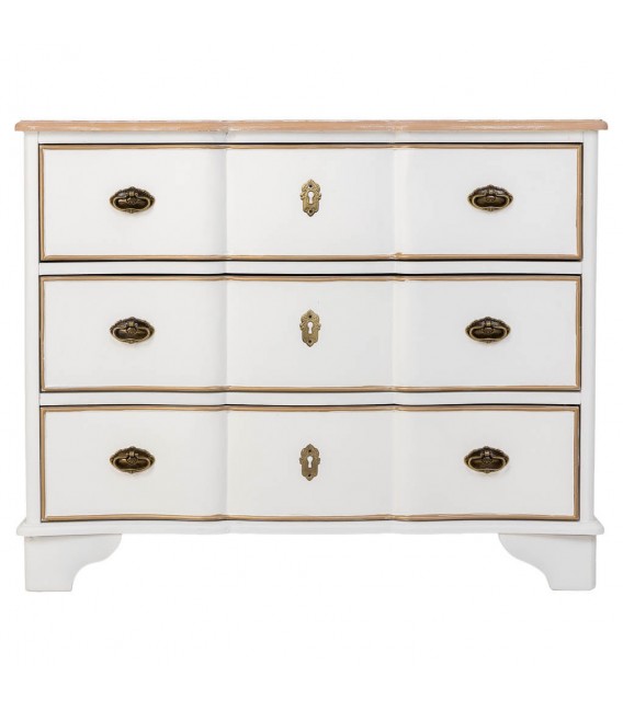 Cómoda clásica blanca y natural con tiradores metálicos en dorado.