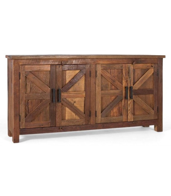 Aparador rústico nogal 4 puertas con madera reciclada y metal negro.