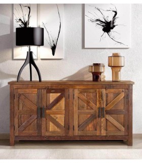 Aparador rústico nogal 4 puertas con madera reciclada y metal negro. Mdmhogar