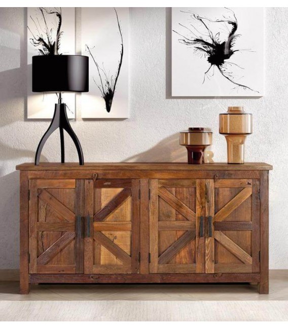 Aparador rústico nogal 4 puertas con madera reciclada y metal negro. Mdmhogar