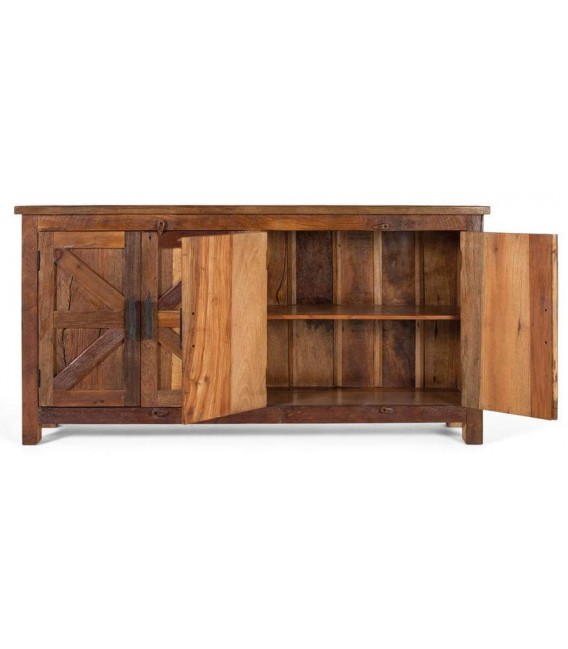 Aparador rústico nogal 4 puertas con madera reciclada y metal negro. 1