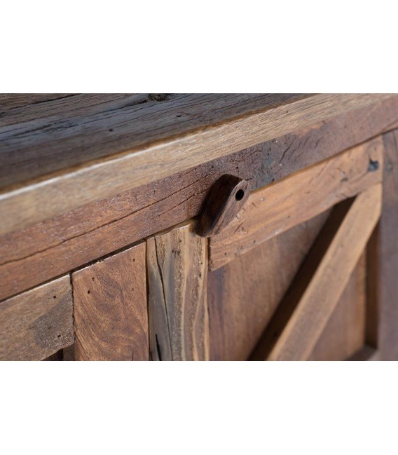 Aparador rústico nogal 4 puertas con madera reciclada y metal negro.