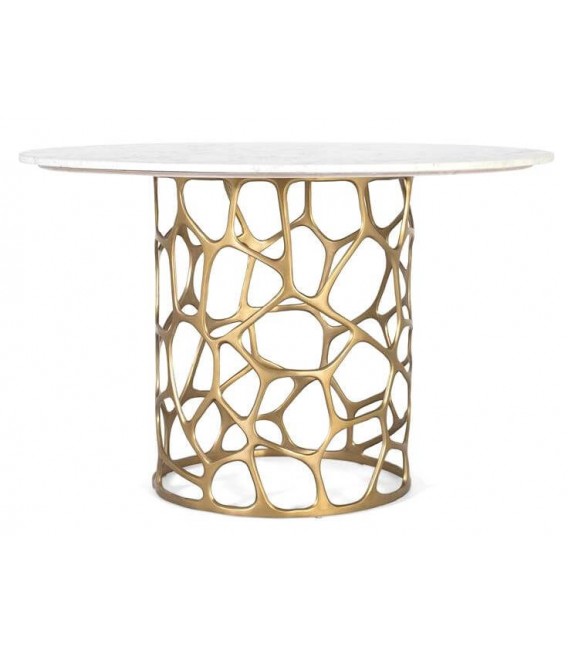 Mesa redonda de comedor en mármol blanco con base dorada calada. Mdmhogar