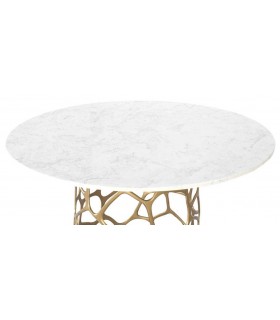 Mesa redonda de comedor en mármol blanco con base dorada calada.