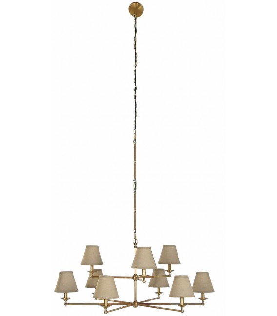 Lámpara XL de techo art decó en metal dorado y pantallas beige.