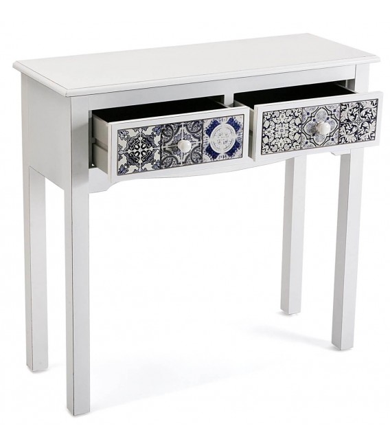 Consola blanca con cajones decorados con azulejos en azul y negro. 2