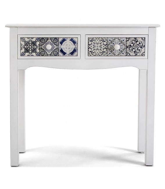Consola blanca con cajones decorados con azulejos en azul y negro. 1