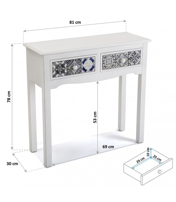 Consola blanca con cajones decorados con azulejos en azul y negro. 4