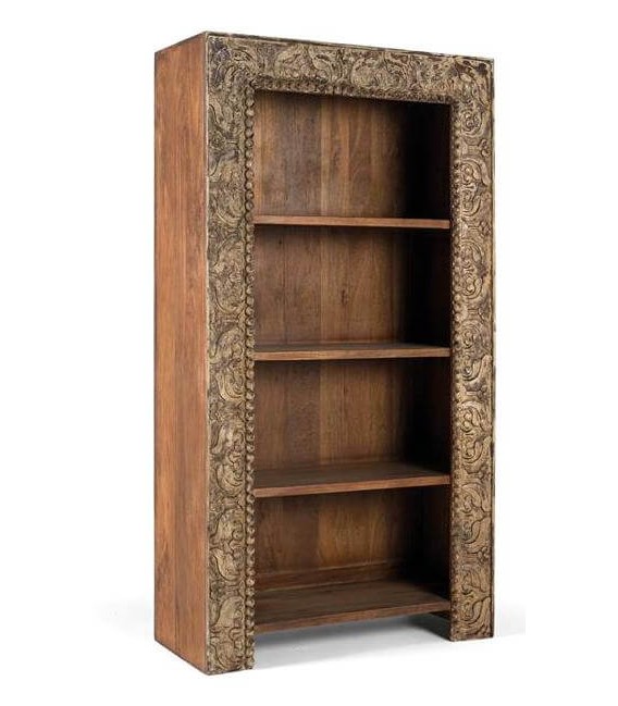 Estantería alta de mango tallado con frente decapado en crema. Mdmhogar