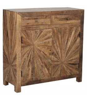 Taquillón boho de mango reciclado con taraceado solar y metal dorado. Mdmhogar