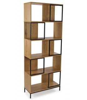 Librería industrial MDF efecto roble y metal negro estantes abiertos.  Mdmhogar