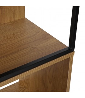 Librería industrial MDF efecto roble y metal negro estantes abiertos.