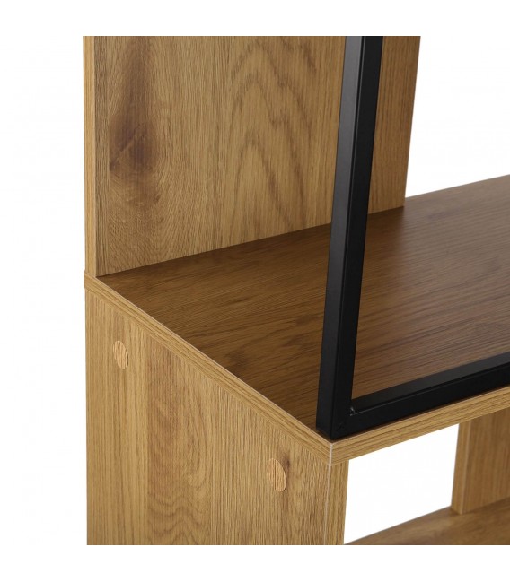 Librería industrial MDF efecto roble y metal negro estantes abiertos. 1