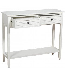 Consola blanca con 2 cajones estilo boho, funcional y decorativa.