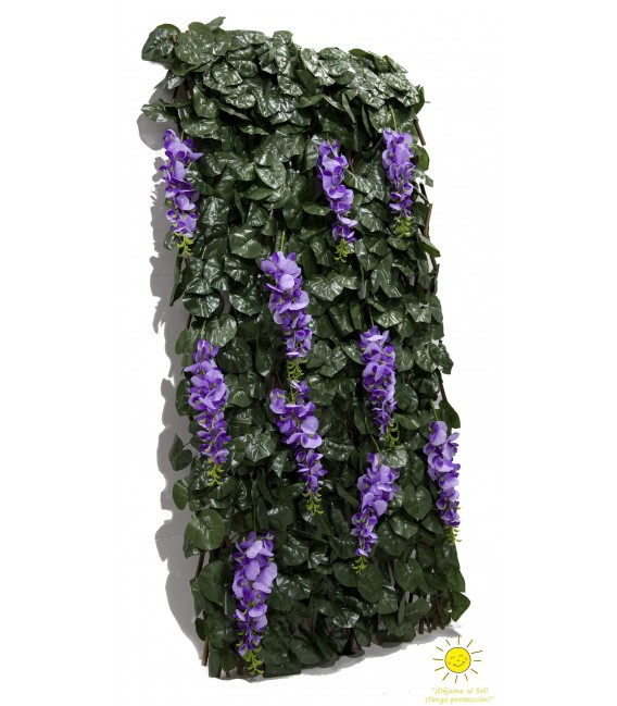 Celosía exterior extensible con hiedra y flores lila decorativas. Mdmhogar