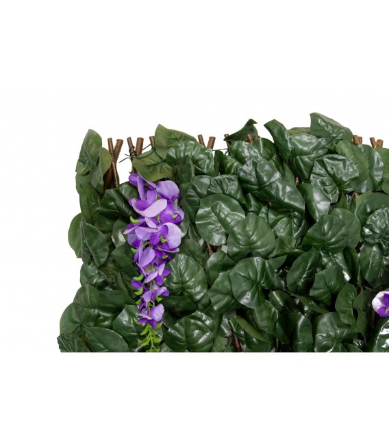 Celosía exterior extensible con hiedra y flores lila decorativas. 2