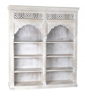 Estantería XL étnica en madera tallada y acabado blanco decapado. Mdmhogar