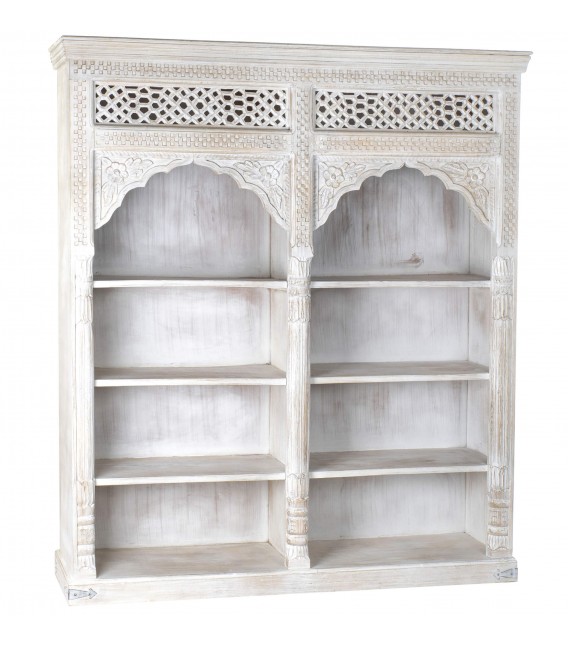 Estantería XL étnica en madera tallada y acabado blanco decapado. Mdmhogar