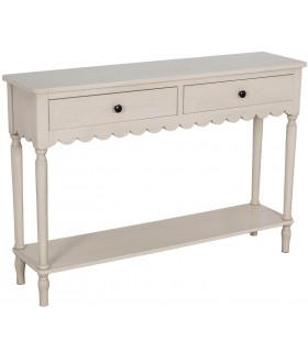 Consola de entrada beige de madera con 2 cajones y estante inferior.