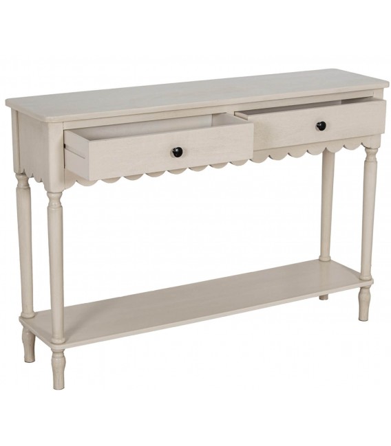 Consola de entrada beige de madera con 2 cajones y estante inferior. 1