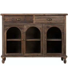 Aparador rústico puertas de cristal, madera reciclada acabado nogal.