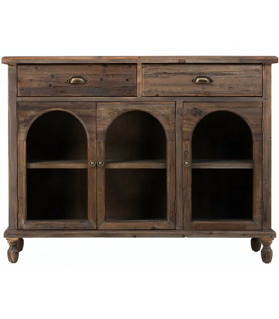 Aparador rústico puertas de cristal, madera reciclada acabado nogal.