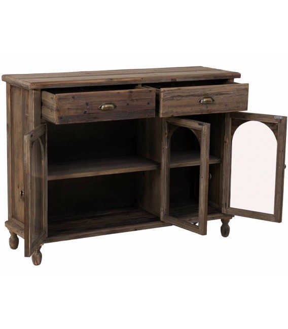 Aparador rústico puertas de cristal, madera reciclada acabado nogal.1