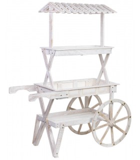 Carro expositor blanco de madera, ratán y metal estilo vintage. Mdmhogar