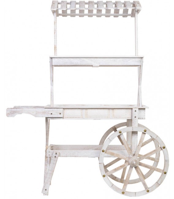Carro expositor blanco de madera, ratán y metal estilo vintage.