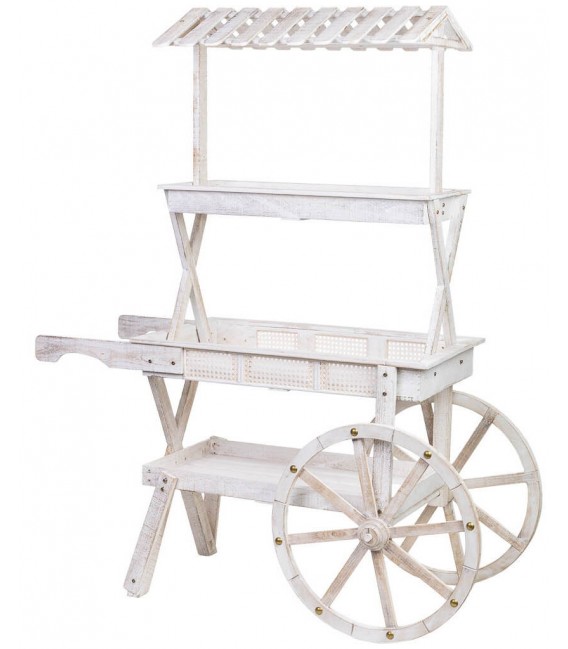 Carro expositor blanco de madera, ratán y metal estilo vintage. 1