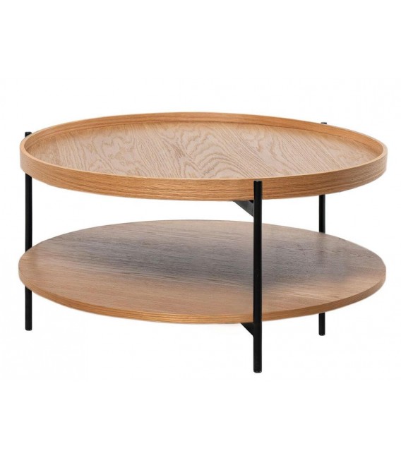 Mesa redonda de roble y metal negro doble bandeja y estilo actual. 1