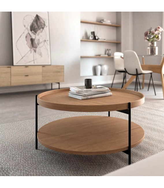 Mesa redonda de roble y metal negro doble bandeja y estilo actual. Mdmhogar