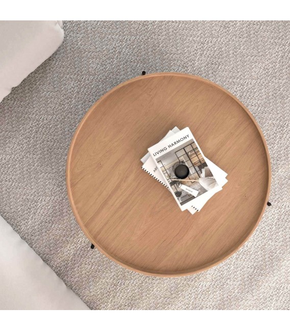 Mesa redonda de roble y metal negro doble bandeja y estilo actual.